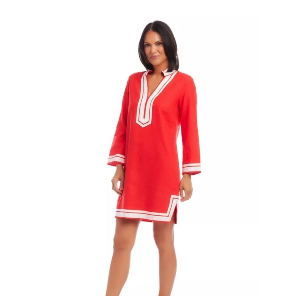Karen Kane St. Tropez  Red Tunic Dress with White Trim